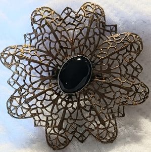 Vintage Delicate Oxidized Brass Filigree Gold Tone with Black Stone Brooch